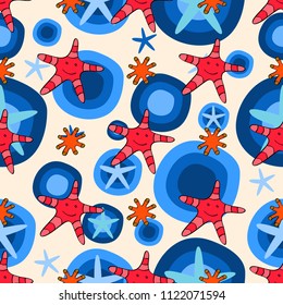 Abstract seamless fashion pattern. Hand drawn exotic corals and sea stars on abstract sand background. Cool doodle style. For fabric,cloth,textile,print,fashion patterns and decor.Vector illustration.