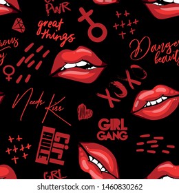 Abstract seamless fashion pattern with hand drawn red lips . kiss lips and hearts drawing Red girlish repeated backdrop for fancy textile, clothes, wrapping paper.
