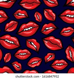 Abstract seamless fashion pattern with hand drawn red lips . drawing Red girlish repeated backdrop for fancy textile, clothes, wrapping paper.
