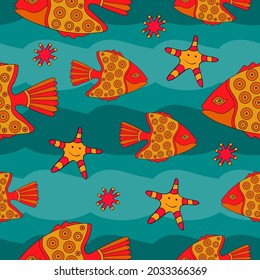 Abstract seamless fashion pattern. Hand drawn exotic fishes and sea stars with corals on green waves background. Doodle style. For fabric,cloth pattern,textile,print,stickers,decor.Vector illustration