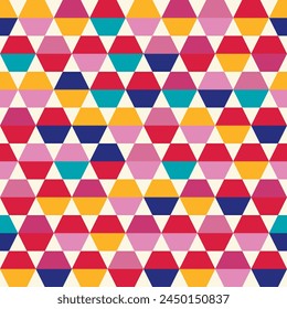 Abstract seamless fashion pattern. Hexagon and triangle classic background. Seamless vector fabric print pattern. Colorful red and pink graphics.