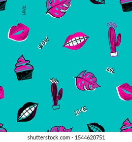 Abstract seamless fashion pattern with kiss lips, smile tooth, exotic leaves, cakes, cactus and hand written text wow, lol, love. Colorful fancy girlish repeated print for textile, wrapping paper