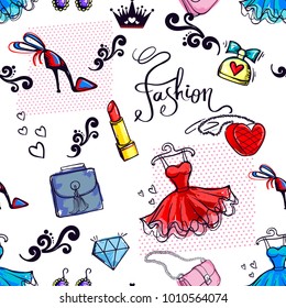 Abstract seamless fashion pattern on white background with red lipstick, women shape heart bag, partum bottle, bow, high heel shoes, black crown, girlish dress, diamond, earrings, dots. 