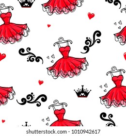 Abstract seamless fashion pattern on white background. red dress on hanger, black sign crown, hearts, monogram. Fancy girlish repeated backdrop for textile, clothes, wrapping paper. Women clothes. 
