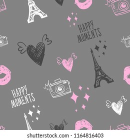 Abstract seamless fashion pattern. Paris repeated backdrop for textile, clothes, wrapping paper. Eiffel tower, sketch hearts. kiss lips, cameras. 