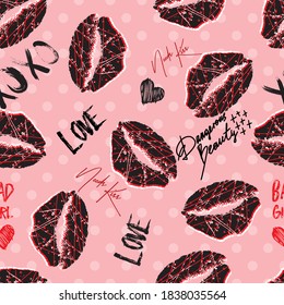 Abstract seamless fashion pattern with  red lips . kiss lips and hearts drawing Red girlish repeated backdrop for fancy textile, clothes, wrapping paper.
