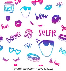Abstract seamless fashion print with girlish elements. Comics girlish fancy elements repeat print for textile, clothes, wrapping paper. teenagers repeated prnament with words Selfie, love, wow, fun.