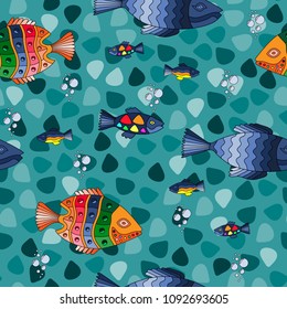 Abstract seamless fashion vector pattern. Hand drawn color exotic fishes and sea stars on multicolor background. Summer marine theme. Doodle style. For fabric,cloth,textile,print and cool home decor.