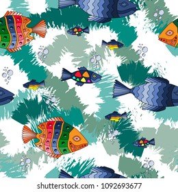 Abstract seamless fashion vector pattern. Hand drawn color exotic fishes and bubbles on multicolor background. Summer marine theme. Cute doodle style. For fabric,cloth,textile,print and home decor.