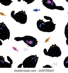 Abstract seamless fat cats pattern. Black kittens print for fashion textile, clothes, wrapping paper.