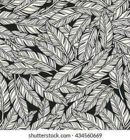Abstract Seamless feathers pattern. white feathers with black outline feather on dark background.