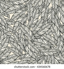 Abstract Seamless feathers pattern. white feathers with black outline on light background.