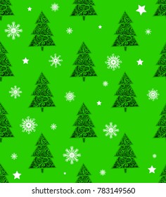 Abstract seamless fir tree pattern on green background with white snowflakes. New Year decorative spruce wrapping paper. Celebrating forest repeated backdrop. 