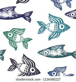 Abstract seamless fish pattern. floating fish drawing in sketch style with big fin and eyes. monochrome repeated backdrop. underwater fauna