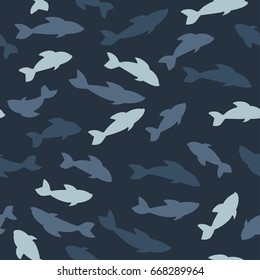 Abstract seamless fish pattern. Monochrome repeated backdrop for textile, clothes, wrapping paper.  ocean, sea and river dwellers. Moving silhouette