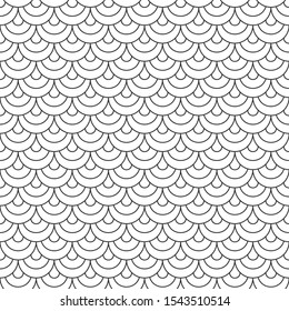 Abstract seamless fish scale pattern, black and white tile roof. Design geometric texture for print. Linear style, vector illustration