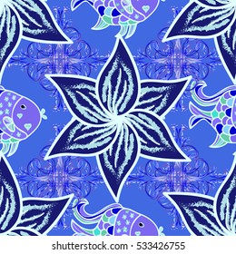abstract seamless with fishes. Vector background. Petal flowers. Leaves. White.