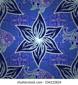 abstract seamless with fishes. Vector background. Petal flowers. Leaves. White.