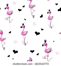 Abstract seamless flamingo pattern with black hearts. Romantic repeats print for fashion textile, clothes, wrapping paper. Cute girlish repeated ornament.