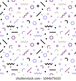 Abstract, seamless, flat, geometric pattern. Fashion of Hipsters, Memphis style. Retro 80s or 90s style for fabric print, paper print and website backdrop, vector illustration.