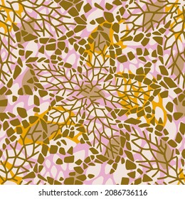 Abstract seamless floral background. Colorful decorative flowers and leaves. Simple flat illustration. Bionic shapes. Geometric structures as colorful rhombuses, cobweb, doodles.