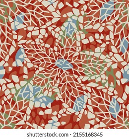 Abstract seamless floral background. Colorful decorative flowers and leaves. Simple flat illustration. Bionic shapes. Geometric structures as colorful rhombuses, cobweb, doodles.