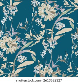 Abstract seamless floral background with flowers and leaves. Hand drawn modern art. Vintage organic hand drawn nature doodle graphic.