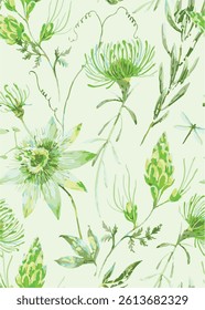 Abstract seamless floral background with flowers and leaves. Hand drawn modern art. Vintage organic hand drawn nature doodle graphic.