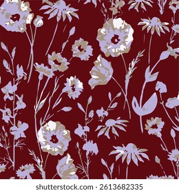 Abstract seamless floral background with flowers and leaves. Hand drawn modern art. Vintage organic hand drawn nature doodle graphic.