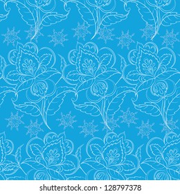 Abstract seamless floral background, pattern with white outline symbolical flowers on blue. Vector