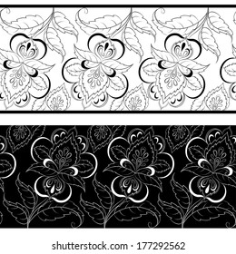Abstract seamless floral background, pattern with monochrome outline symbolical flowers and lines. Vector