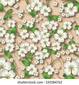 abstract seamless floral background with white spring ornament on beige