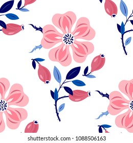 Abstract seamless floral background with wild rose. Hand-drawn vector Illustration