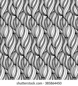 Abstract seamless floral black white background of doodle hand drawn lines. Monochrome pattern. Coloring book page