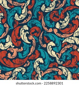 Abstract seamless floral bright colors pattern. Leaves flat silhouettes with grunge texture