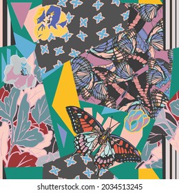 Abstract seamless floral and geometric pattern for sport textile, fashion clothes. Grunge textured wrapping paper.Butterfly line art seamless pattern. Flying butterflies on minimal shapes background. 