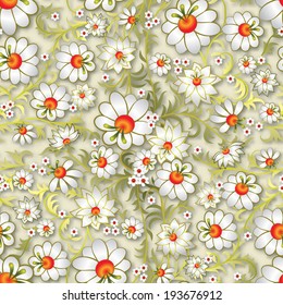abstract seamless floral ornament with white flowers on beige background