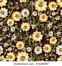abstract seamless floral ornament with yellow flowers on brown background