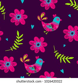 Abstract seamless floral pattern with birds and ethnic motives, ornaments inside, flowers, hearts, leaves. Nature repeated backdrop for girl, textile, clothes, wrapping paper. Colourful girlish paper