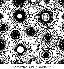 Abstract seamless floral pattern. black and white background. Girlish repeated backdrop for textile, clothes, wrapping paper. Decorative dandelion monochrome wallpaper. little hearts. romantic motives