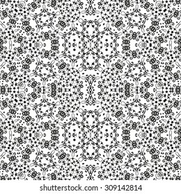 Abstract Seamless Floral Pattern, Black Contours Isolated on White Background. Vector