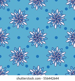 Abstract seamless floral pattern. Blue flowers and circles on blue background. 