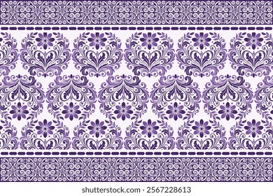 abstract seamless floral pattern with border design, combining vintage botanical motifs and ethnic geometric elements for fabric, textiles, wallpaper, and fashion wear