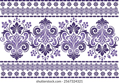 abstract seamless floral pattern with border design, incorporating vintage botanical elements and ethnic geometric shapes for textiles, fabric, wallpaper, and fashion accessories