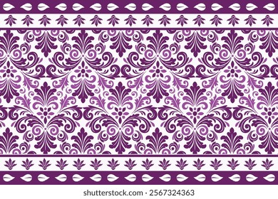 abstract seamless floral pattern with border design, incorporating vintage botanical motifs and ethnic geometric details for textiles, fabric, wallpaper, and fashion items