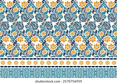 abstract seamless floral pattern with border , vintage botanical elements, and ethnic geometric details for textiles, fabric, wallpaper, and fashion styles