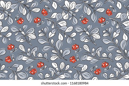 Abstract seamless floral pattern with branches of barberry and blackberries. Hand-drawn vector Illustration