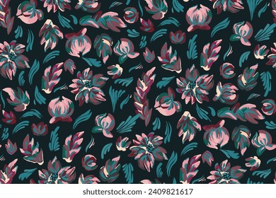 Abstract seamless floral pattern. Bright colors, gouache painting, hand drawn, not AI.
