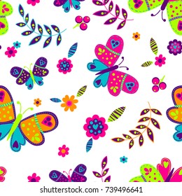 Abstract seamless floral pattern with butterflies, berries, flowers, leaves. Nature decorative elements. Girlish repeated backdrop for textile, clothes, wrapping paper. 