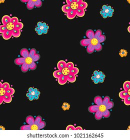 Abstract seamless floral pattern. Colorful flowers repeated backdrop for girl, textile, fashion, childish clothes, wrapping paper. Girlish wallpaper drawing in cartoon style on black background